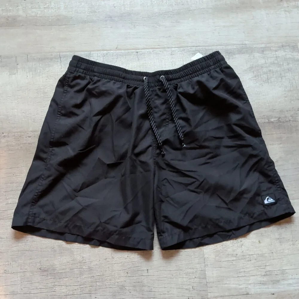 ​Quiksilver Mens Black Elastic Waist Drawstring Swim Trunks Board Shorts M Lined